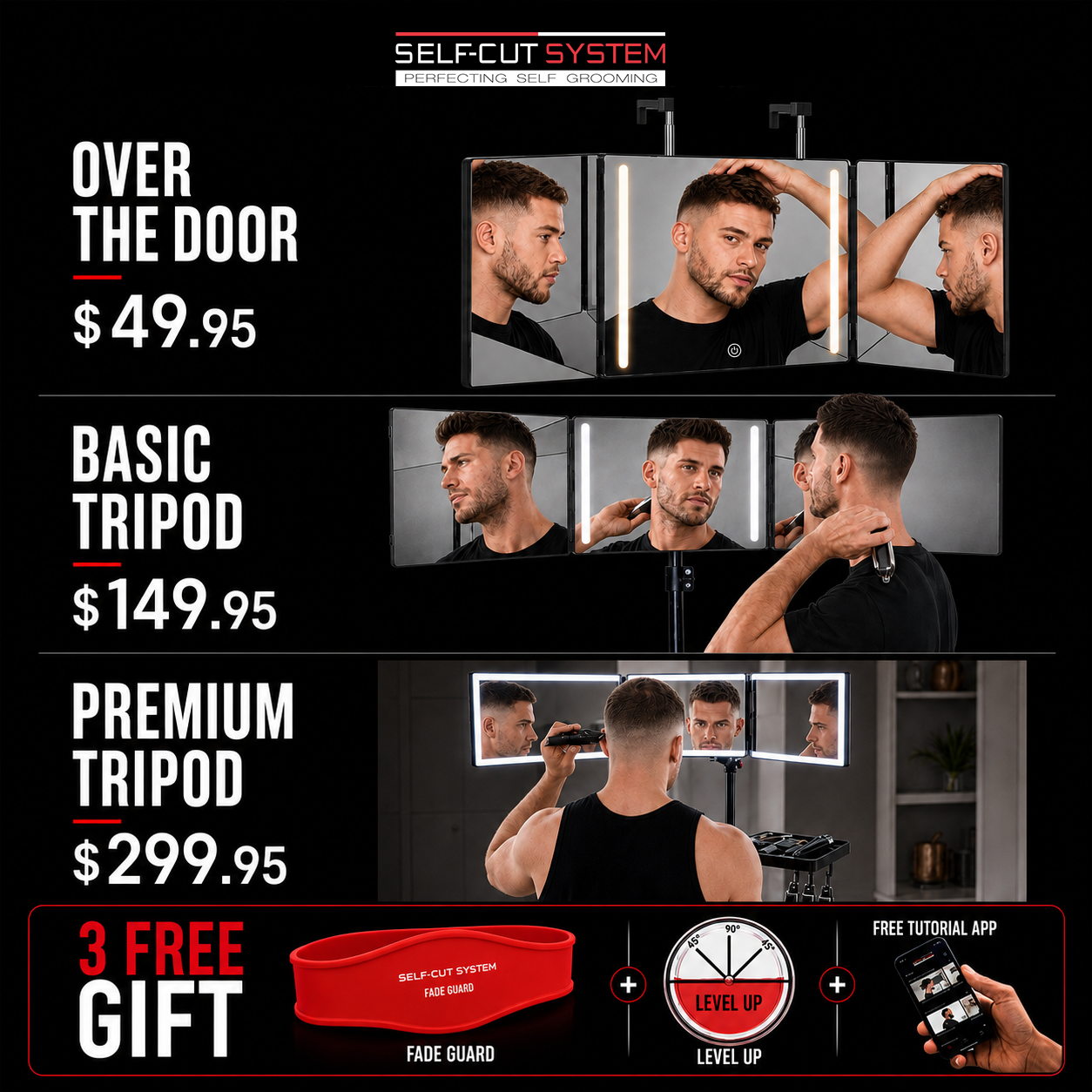 Self-Cut System 360° LED Mirror - Choose the setup that fits your grooming space.